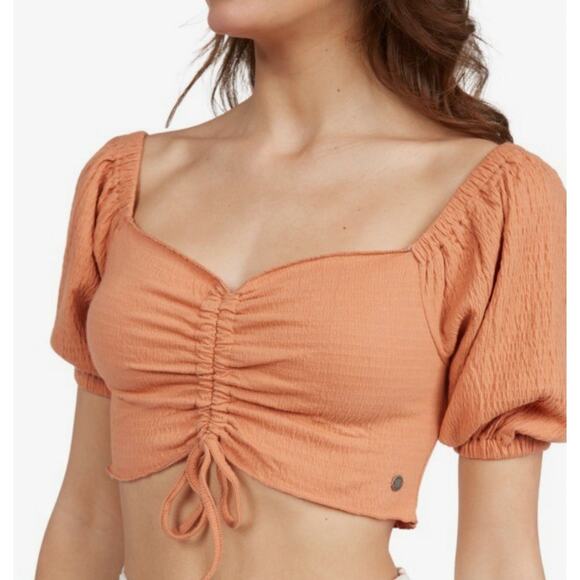 Roxy Womens Top XXL Orange Flirty Walk Puff Sleeve Crop Cotton Gauze Preppy - Picture 1 of 15